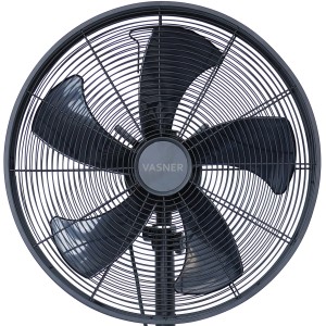 Schwarzer Vasner Standventilator Ventury S aus Metall mit 5 Rotorblättern und Oszillation.