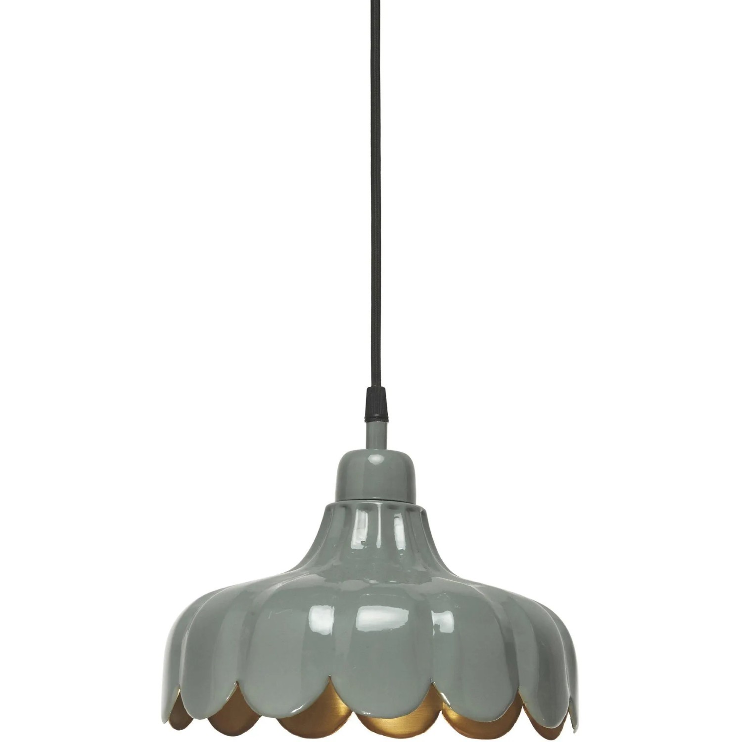PR Home Wells Pendelleuchte, handgefertigter hellgrüner Metallschirm mit gewelltem Rand und goldener Innenseite, skandinavisches Design.
