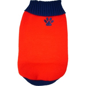 Roter Heim Hundepullover Arktis Größe 35 mit blauen Details und Pfotenabdruck.