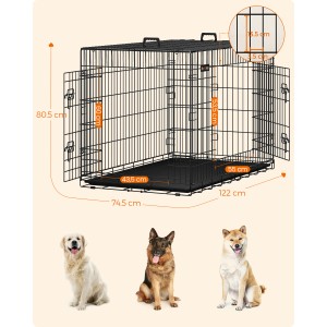 Feandrea Hundekäfig, 122x74,5x80,5 cm, schwarz, mit Maßangaben und Hundebeispielen.