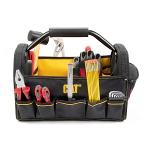 Cat Werkzeugtasche 40 cm, schwarz-gelb, mit Werkzeugen wie Hammer, Zange, Schraubendreher und Zollstock.