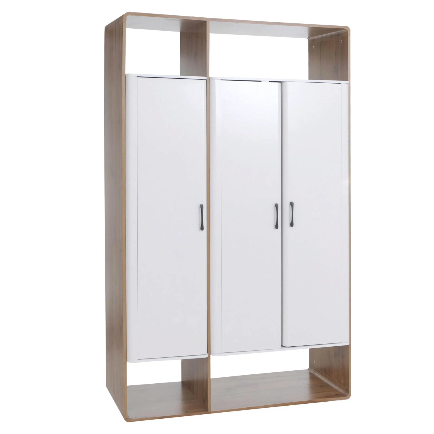 Moderner MCW Schrank P43 in Wotan-Eiche-Optik und Weiß mit 3 Türen, offenen Fächern und schwarzen Griffen.