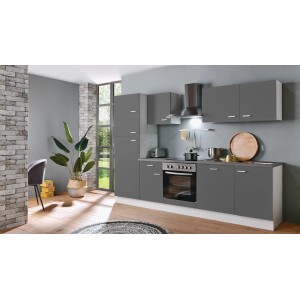 Moderne Menke Küchenzeile White Classic 280 cm in Graphit-Weiß mit E-Geräten.