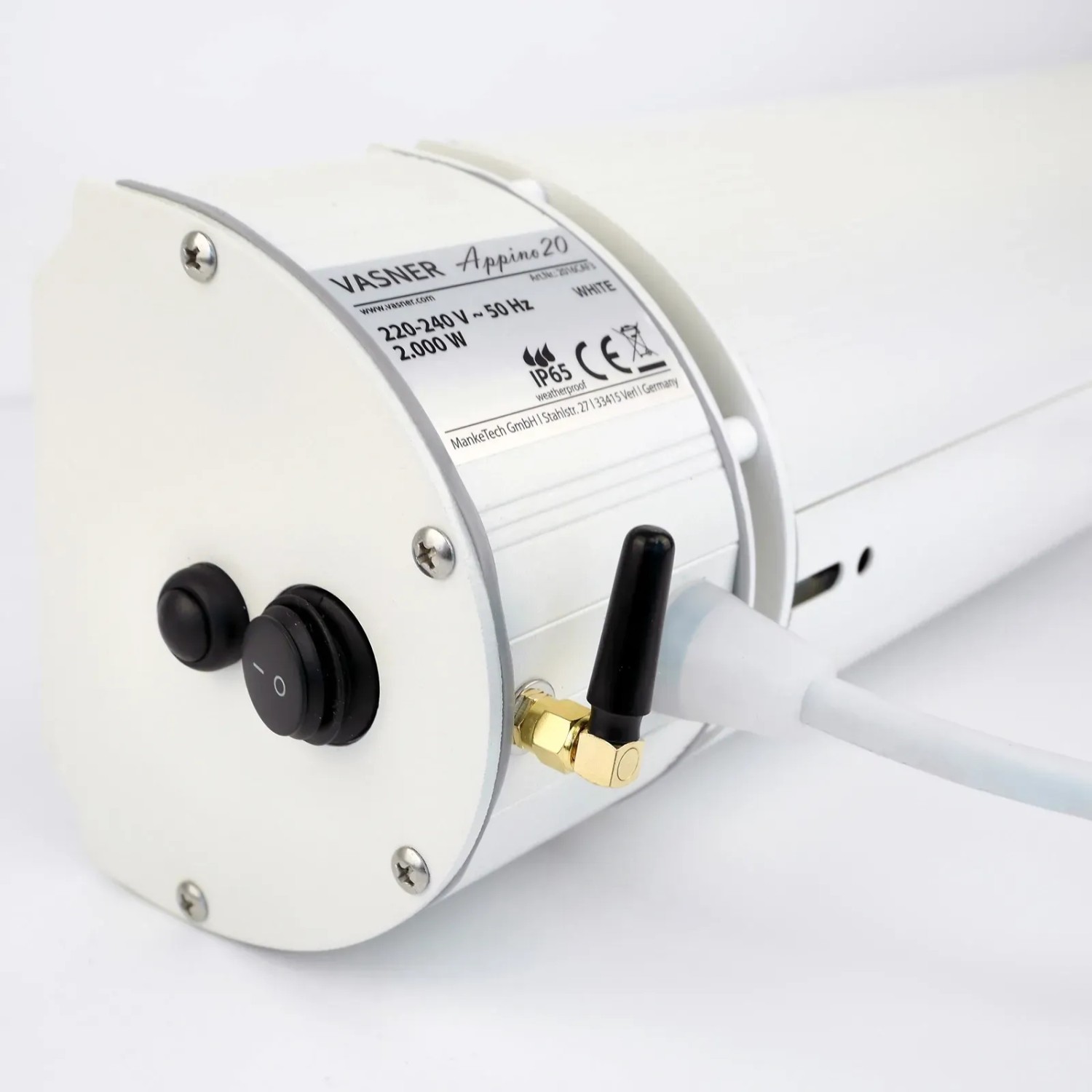 VASNER Appino 20 Bluetooth Heizstrahler, 2000 W, Weiß, Detailansicht von der Seite.