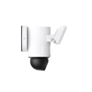 Eufy Flutlichtkamera E340, weiße Überwachungskamera mit Flutlicht und schwarzer Kamera.