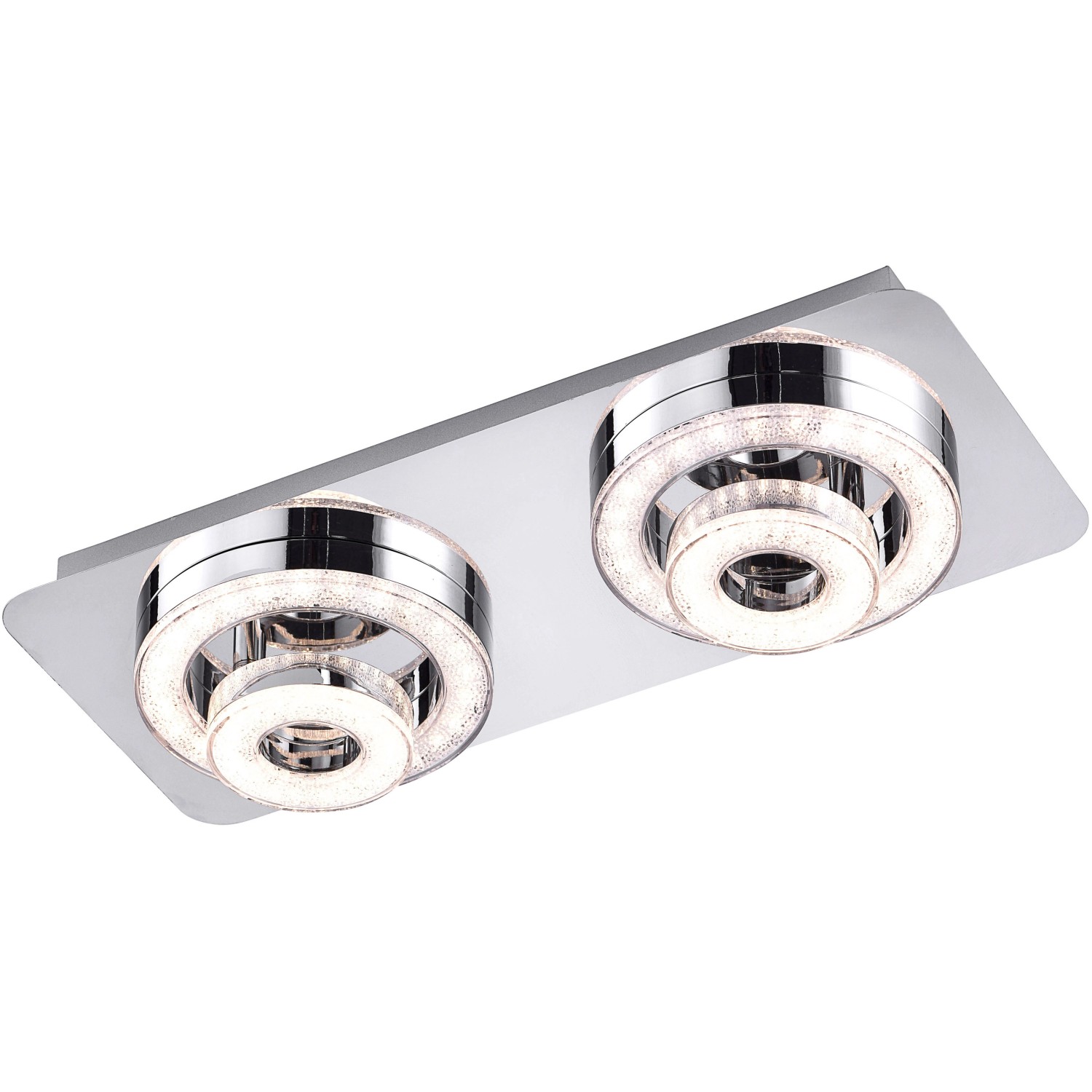 Moderne LED-Deckenleuchte Tim in Chromoptik mit zwei dreh- und schwenkbaren Leuchtringen.