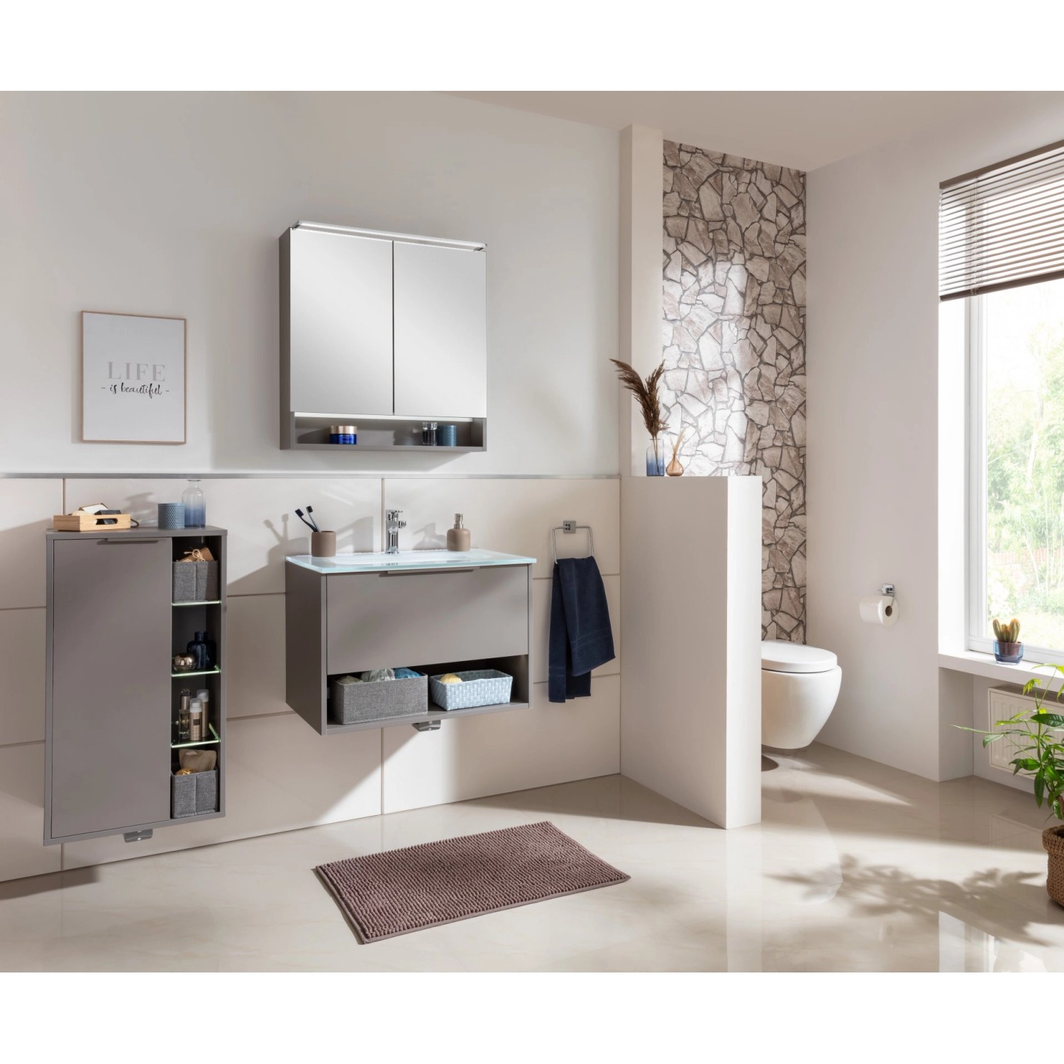 Fackelmann Waschtisch-Set B.Paris mit Glasbecken, 70,5 cm, Cubanit Grau. Badmöbel-Set mit Unterschrank und Becken.