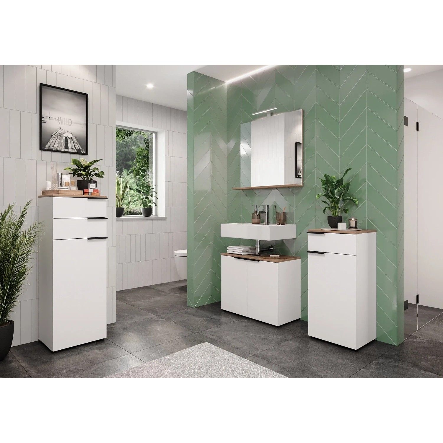 Germania WB-Unterschrank 6003-633 in Weiß-Eiche, 70x58x34 cm, mit zwei Türen und Metallgriffen.