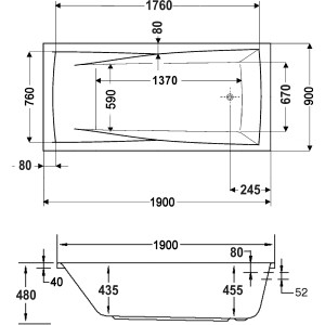 Skizze des Ottofond Whirlpool-Komplettsets Atlanta 190x90 cm mit Maßangaben.