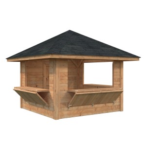 Palmako Marktstand Bianca Set 106, braun, mit Verkaufsklappen und Tür.