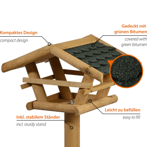 Dobar Vogelfutterhaus mit Ständer, Holz, Dach mit grünen Bitumenschindeln.