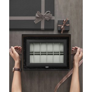 Songmics Uhrenbox Bridie, schwarze Aufbewahrungsbox mit 12 Fächern und Geschenkverpackung.