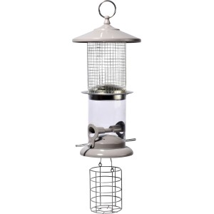 Weiße Dobar Multifunktions-Futtersäule aus Metall mit Acrylglas und Meisenknödelhalter.