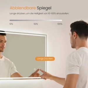 Emke LED-Badspiegel 80x60 cm mit Beleuchtung. Mann dimmt Helligkeit per Touchschalter. Anti-Beschlag-Funktion.