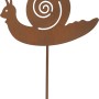 Rostfarbener Gartenstecker Schnecke aus Metall, 115 cm hoch, zur Dekoration von Beeten.