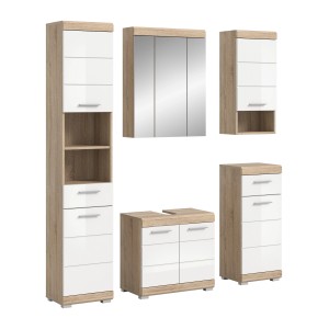 5-teilige Badkombination in Sonoma-Weiß: Hochschrank, Waschbeckenunterschrank, Spiegelschrank, Standschrank, Hängeschrank.