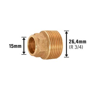 Löt-Übergangsnippel aus Rotguss, 15 mm x 26,4 mm (R 3/4) für Kupferrohre.