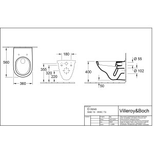 Technische Zeichnung: Villeroy & Boch O.Novo WC-Set, Tiefspüler, Alpinweiß, mit Maßen.