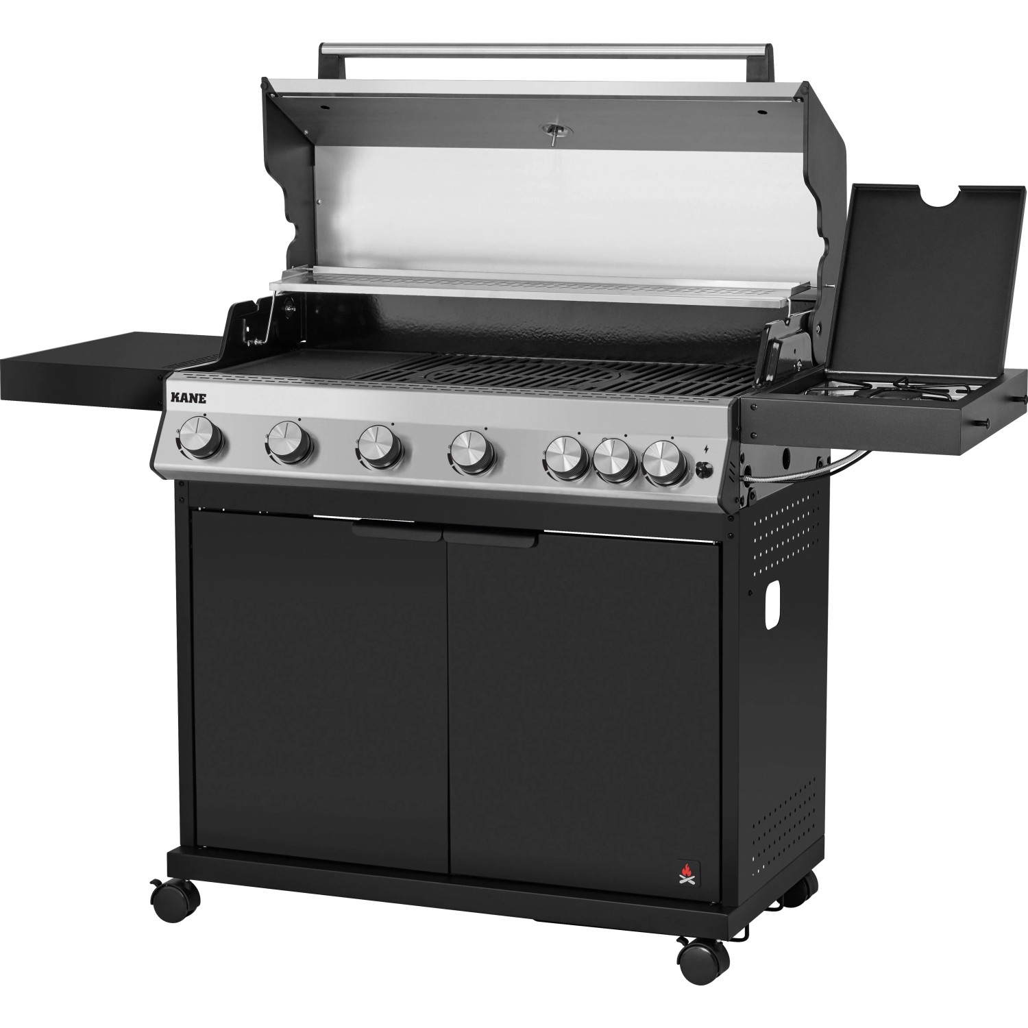 Jamestown Kane 6 Gasgrill mit 6 Brennern, Seitenkocher und Unterschrank. Ideal für Grillpartys.