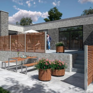 Sichtschutzzaun Tokyo ThermoWood® (180x140cm) im Gartenambiente mit Tisch und Bepflanzung.