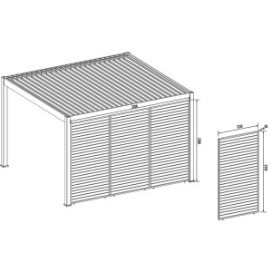 Weide Pergola Wand aus Aluminium mit Lamellen. Technische Skizze zeigt Paneele als Sichtschutz für Gartenhäuser.