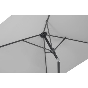 Detailaufnahme des Schneider Marktschirms, 210x130 cm, silbergrau, mit Kurbelmechanik.