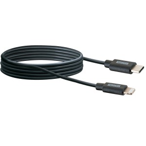 Schwarzes Schwaiger Lightning Sync- und Ladekabel, 2 m, mit USB-C und Lightning Anschluss.