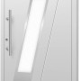 Weiße Aluminium Haustür Moderno M540/P mit Edelstahlgriff und Glaseinsatz links.