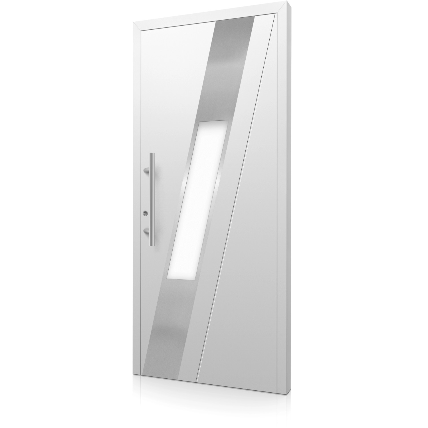 Weiße Aluminium Haustür Moderno M540/P mit Edelstahlgriff und Glaseinsatz links.