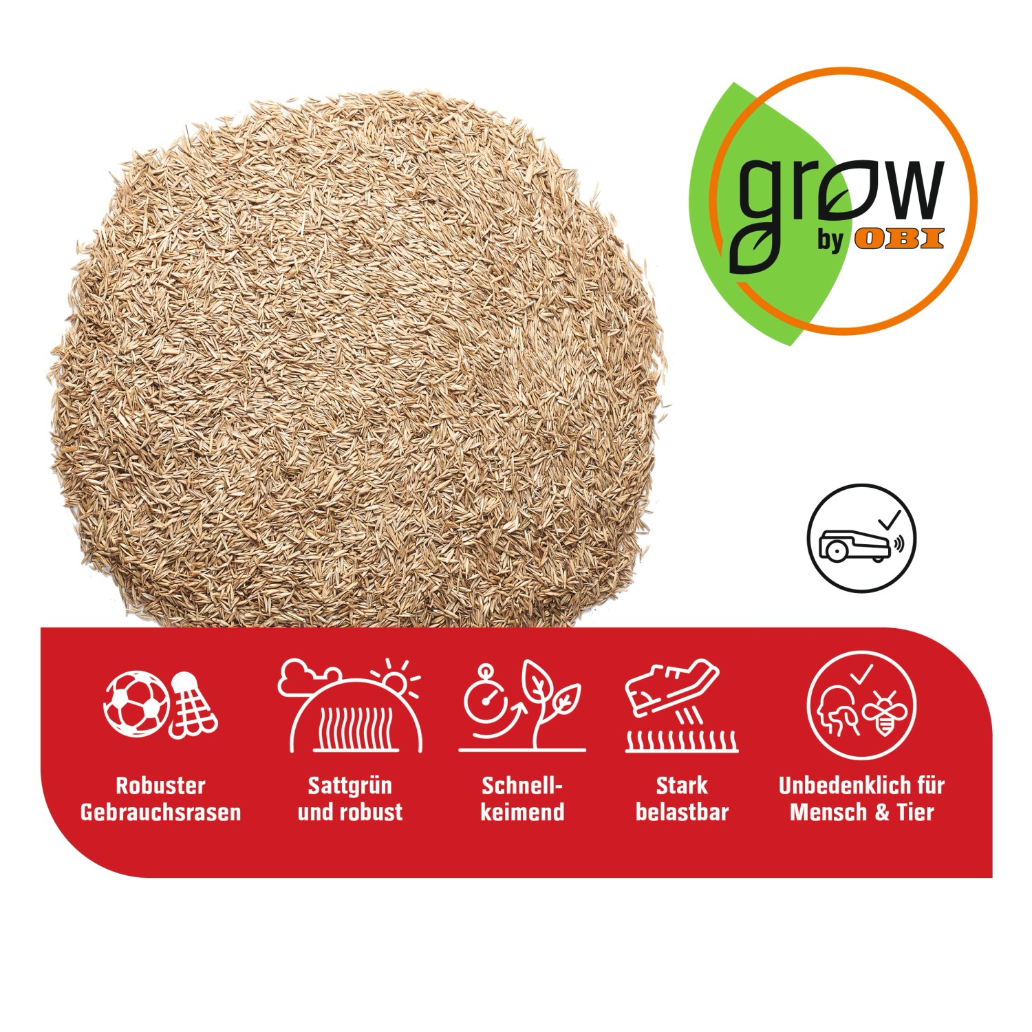 Nahaufnahme von OBI Strapazier-Rasen Saatgut, geeignet für ca. 330 m² Rasenfläche.