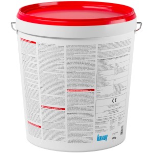 Eimer Knauf Rotband Flächenspachtel Plus, 20 kg, weiße Spachtelmasse mit rotem Deckel.