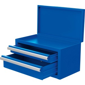 Blaue Mini Toolbox mit 2 Schubladen und Deckel, ideal zur Aufbewahrung von Kleinteilen.