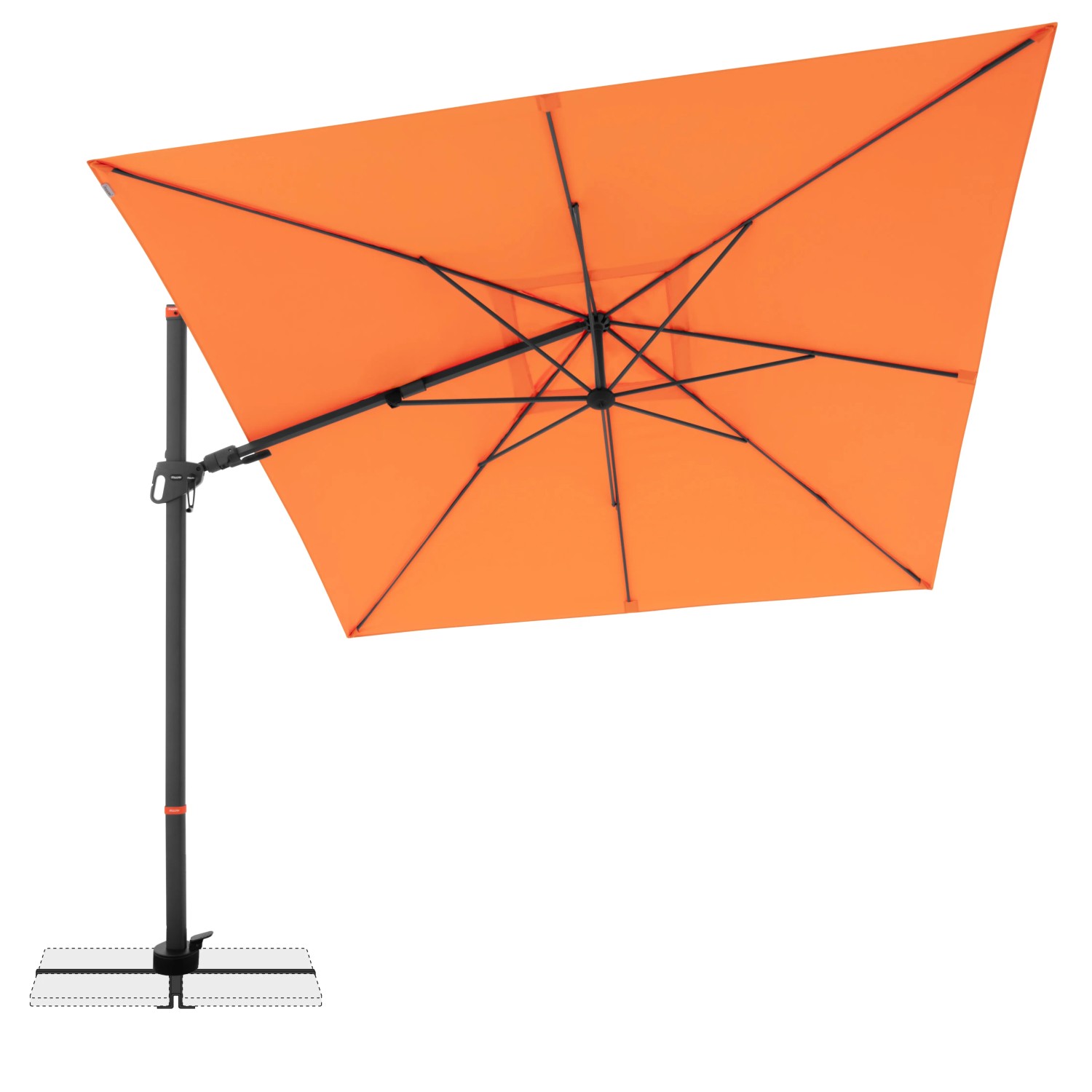Quadratischer, orangefarbener Doppler Ampelschirm 280x280 cm mit Dreh- und Neigungsfunktion.
