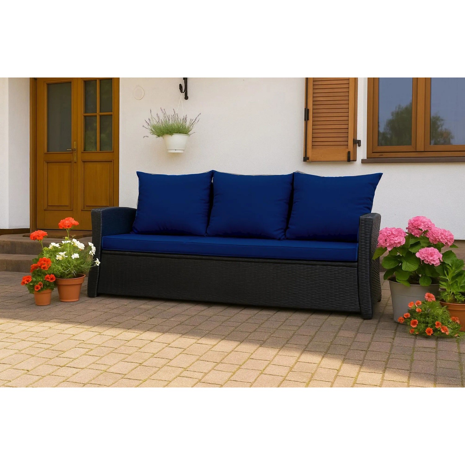 Marineblaues Gartenkissen-Set für 3-Sitzer Polyrattan Gartensofa, 140x60x50 cm.