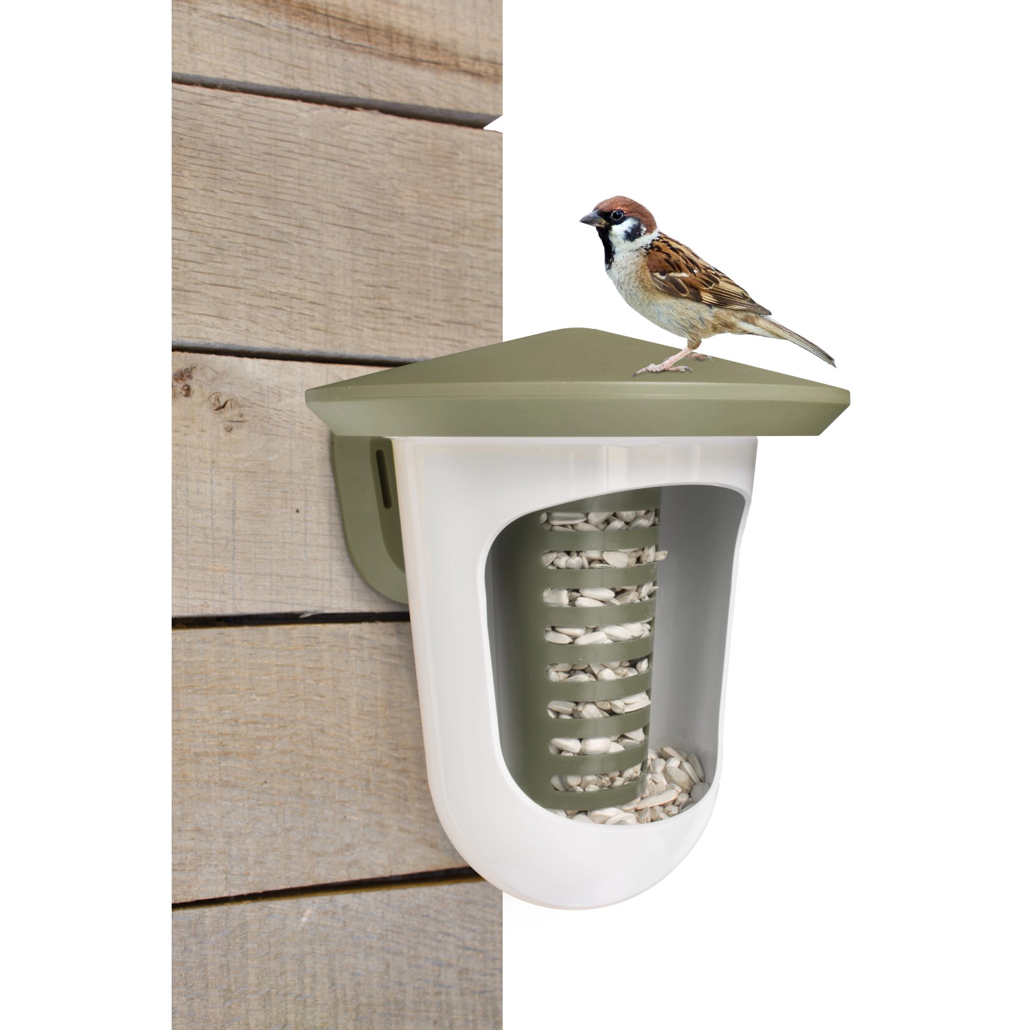 SingingFriend Vogelfutter-Spender Multi Feedr in Grün-Weiß mit Spatz auf dem Dach.