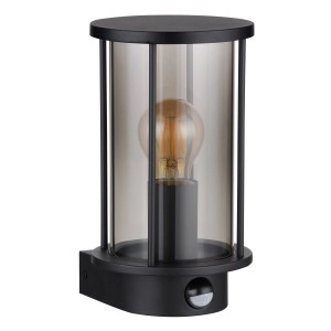 Schwarze Globo Außenleuchte Gracey aus Edelstahl mit Sensor und rauchfarbenem Glas.