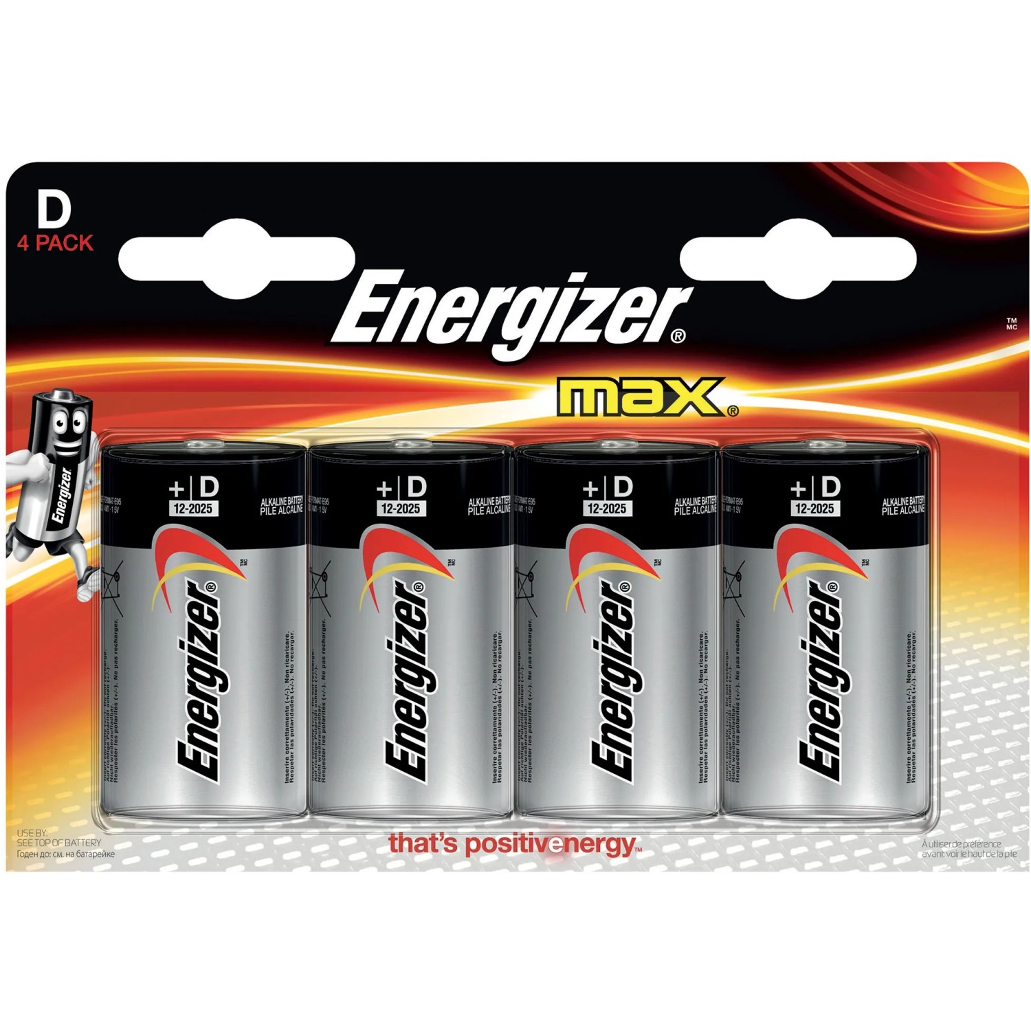 Energizer Max D Mono Batterien, 4er-Pack. Alkali-Batterien für Geräte des täglichen Bedarfs.