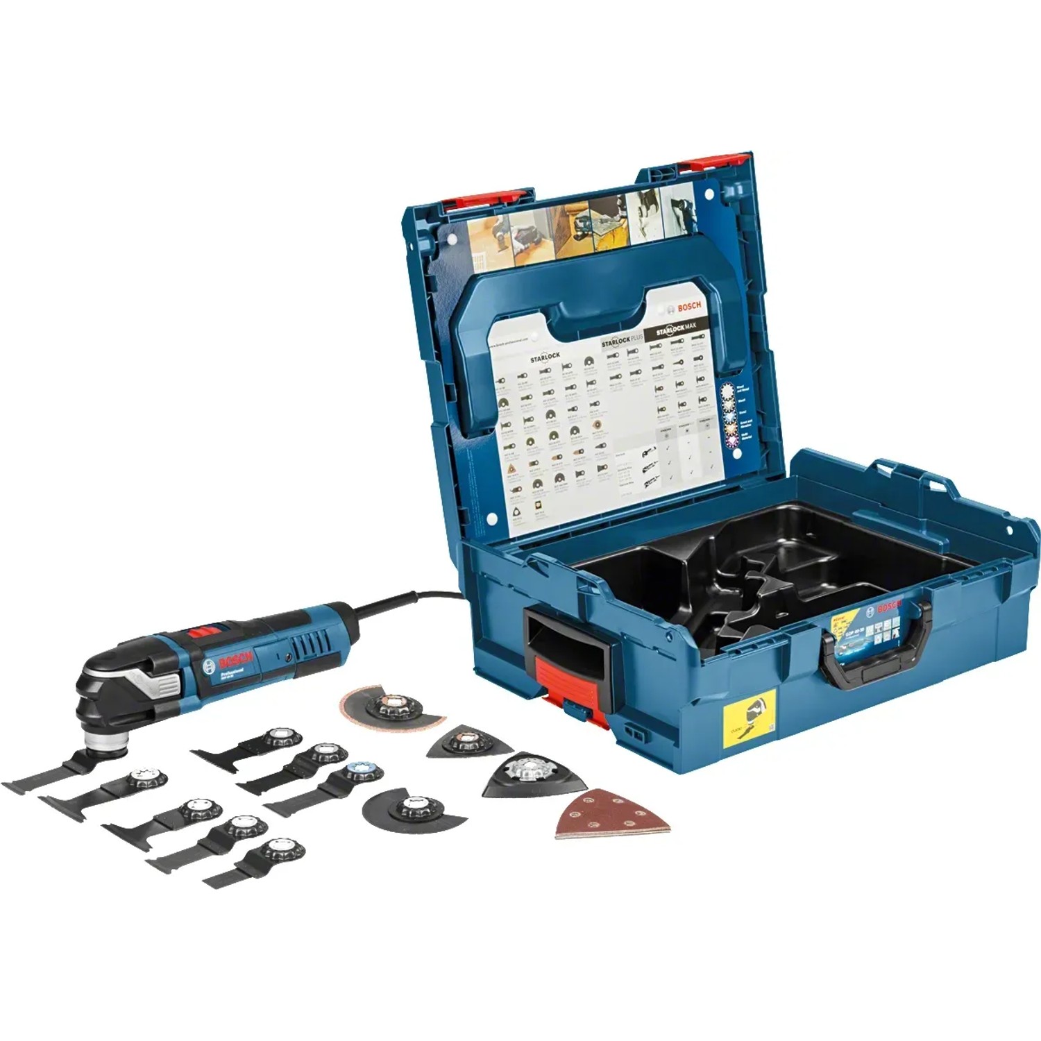 Bosch Professional Multicutter GOP 40-30 mit Zubehör in L-Boxx. Multifunktionswerkzeug und Zubehörteile.