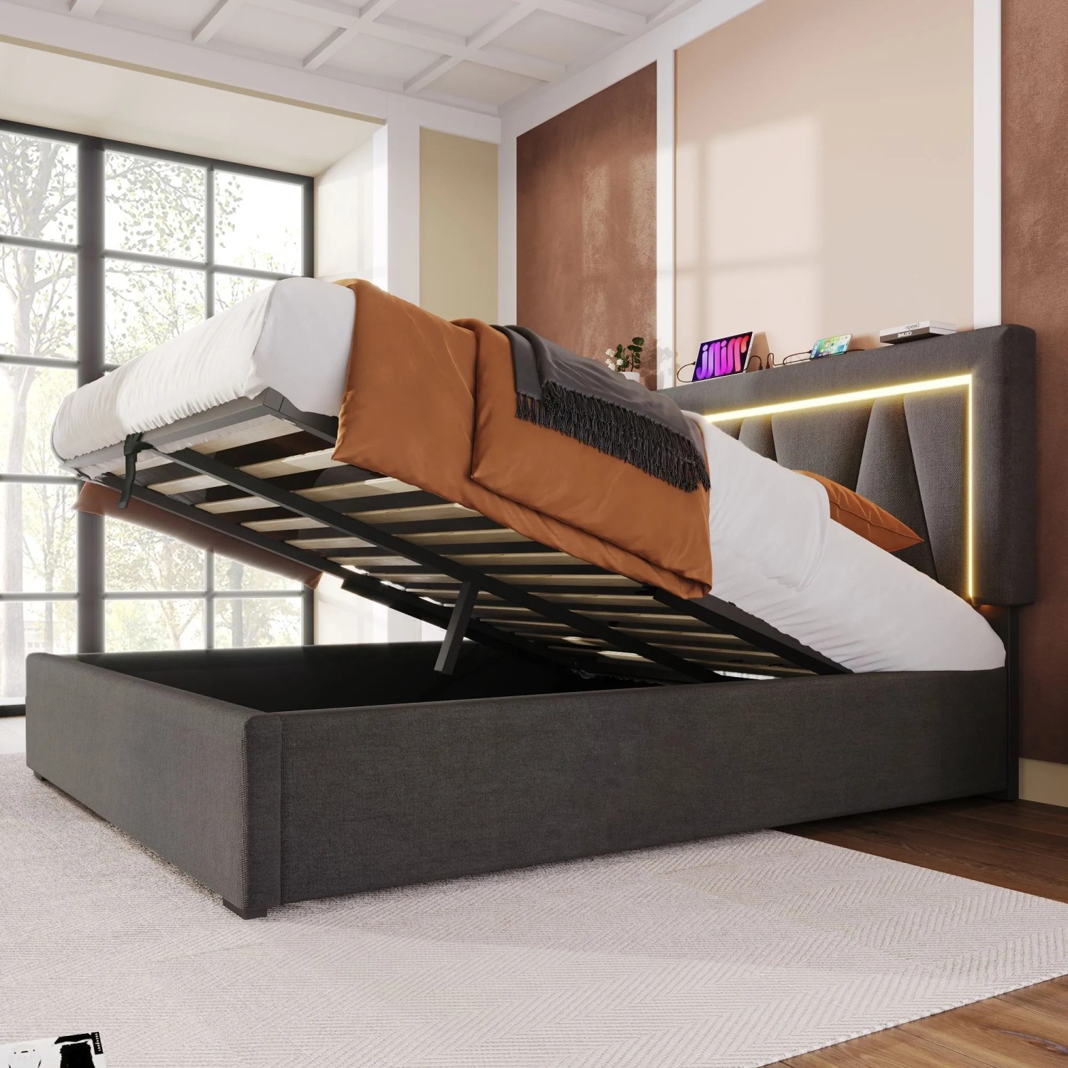 okwish Polsterbett 140x200cm mit LED USB C Stauraum Jugendzimmer Grau ohne Matratze_6