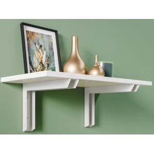 Wandregal mit zwei weißen Schwerlastkonsolen (15x20 cm) an grüner Wand, dekoriert mit Bilderrahmen und Vasen.