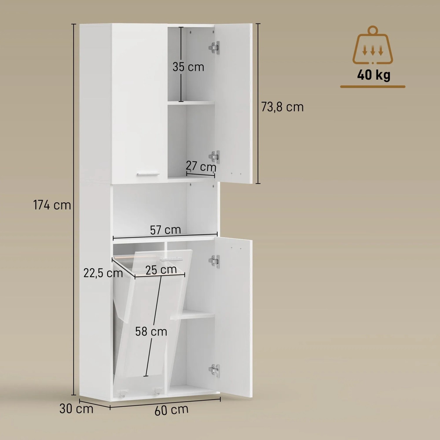 Weißer HOMCOM Badezimmerschrank, 174 cm hoch, mit Doppeltüren, offenem Fach und kippbarem Wäschekorb.