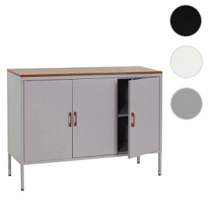 Graue MCW Kommode L84-3 mit drei Türen, Holzplatte und Metallfüßen.