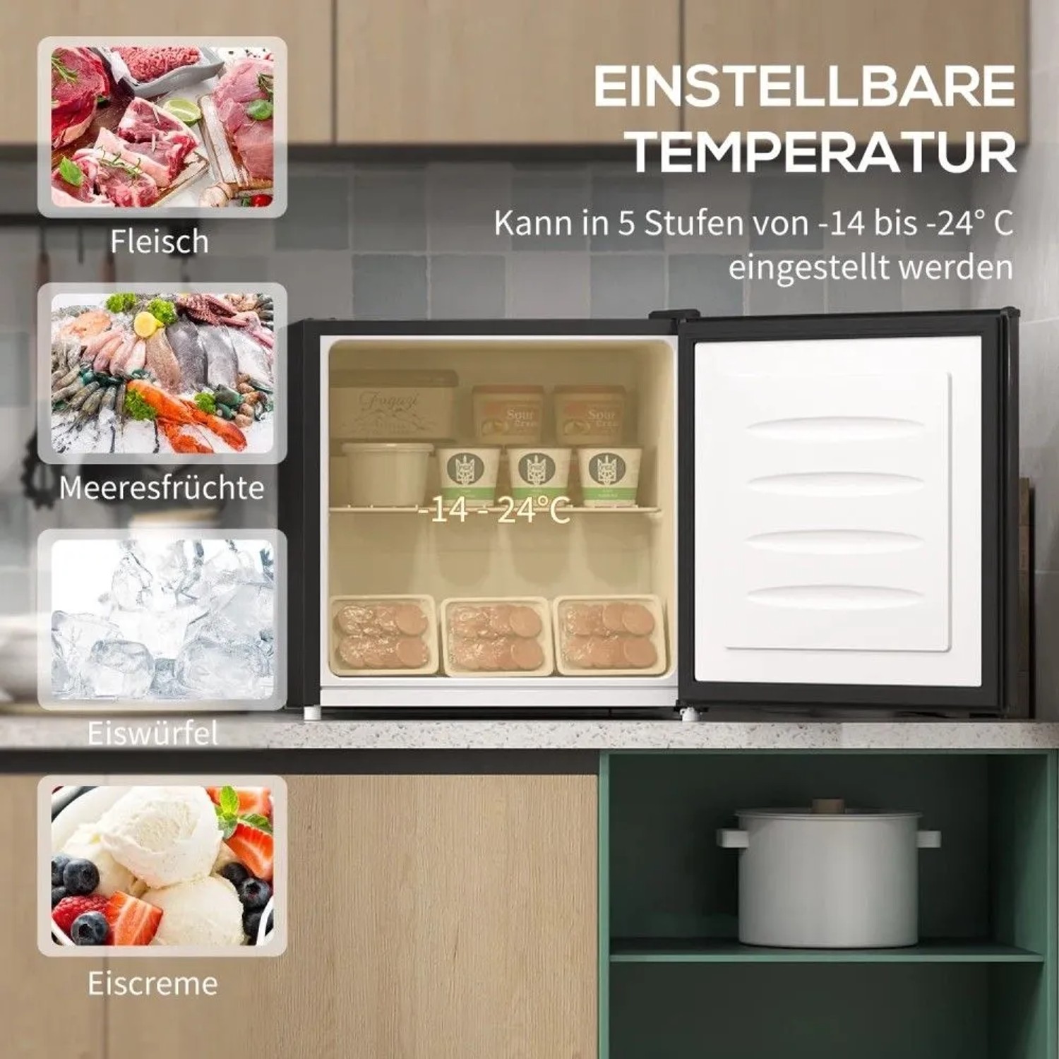 HOMCOM Mini-Gefrierschrank 35L, schwarz, offen, zeigt einstellbare Temperatur (-14 bis -24°C) und gelagerte Lebensmittel.