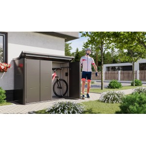 Anthrazitfarbene Velotto Fahrradbox (203x75cm) mit geöffneten Türen und Fahrrad darin.