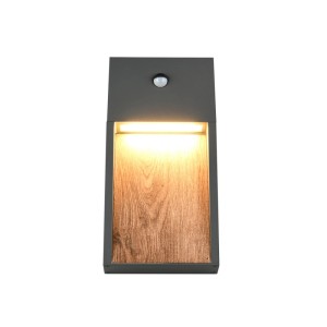 Anthrazitfarbene LED-Außenwandleuchte mit Bewegungsmelder und Holzdekor.