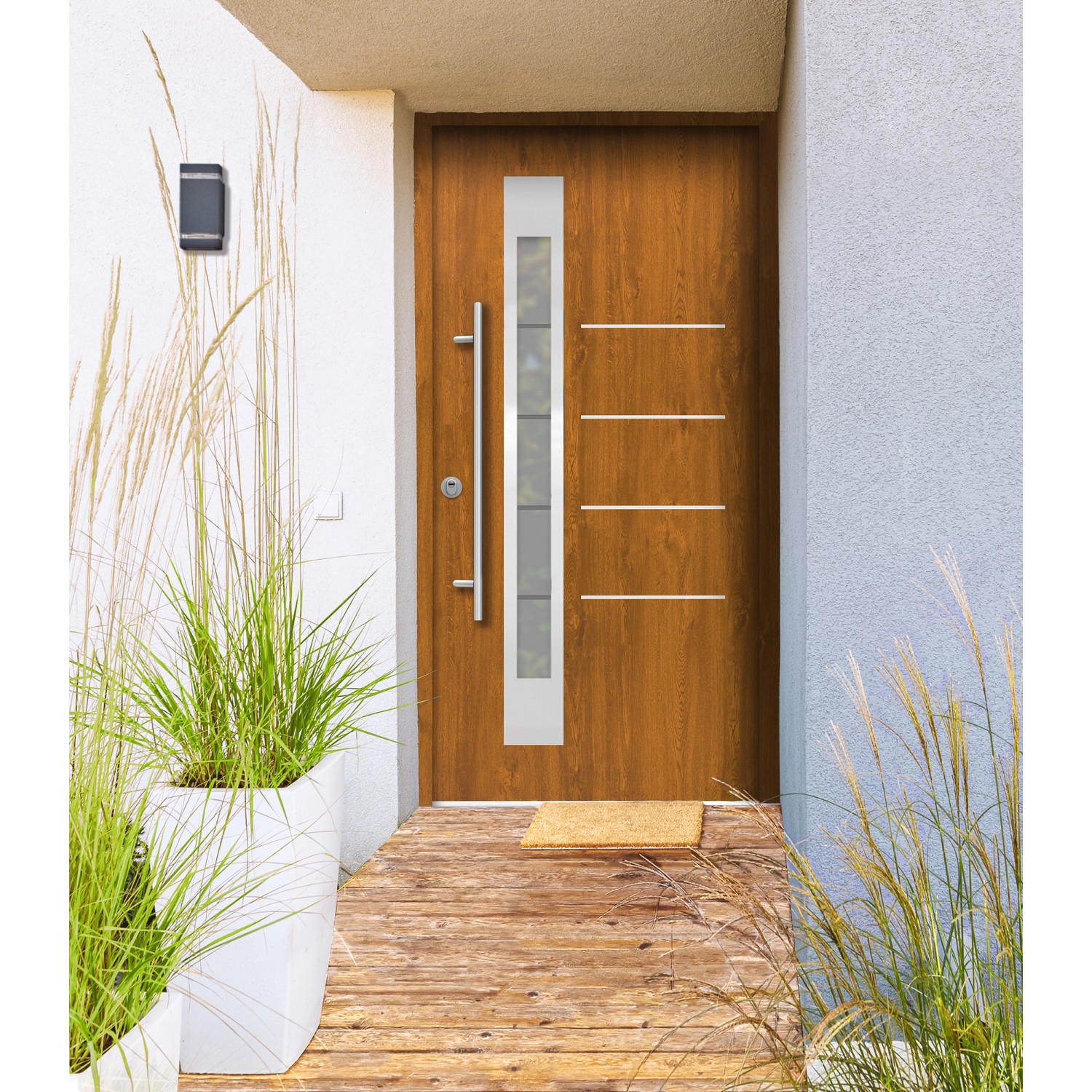 Splendoor Sicherheits-Haustür Berlin Prime RC2 in Gold.Oak mit Edelstahlgriff und Glaseinsatz.