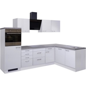 Weiße Flex-Well Winkelküche Joelina mit E-Geräten und Beton-Arbeitsplatte.