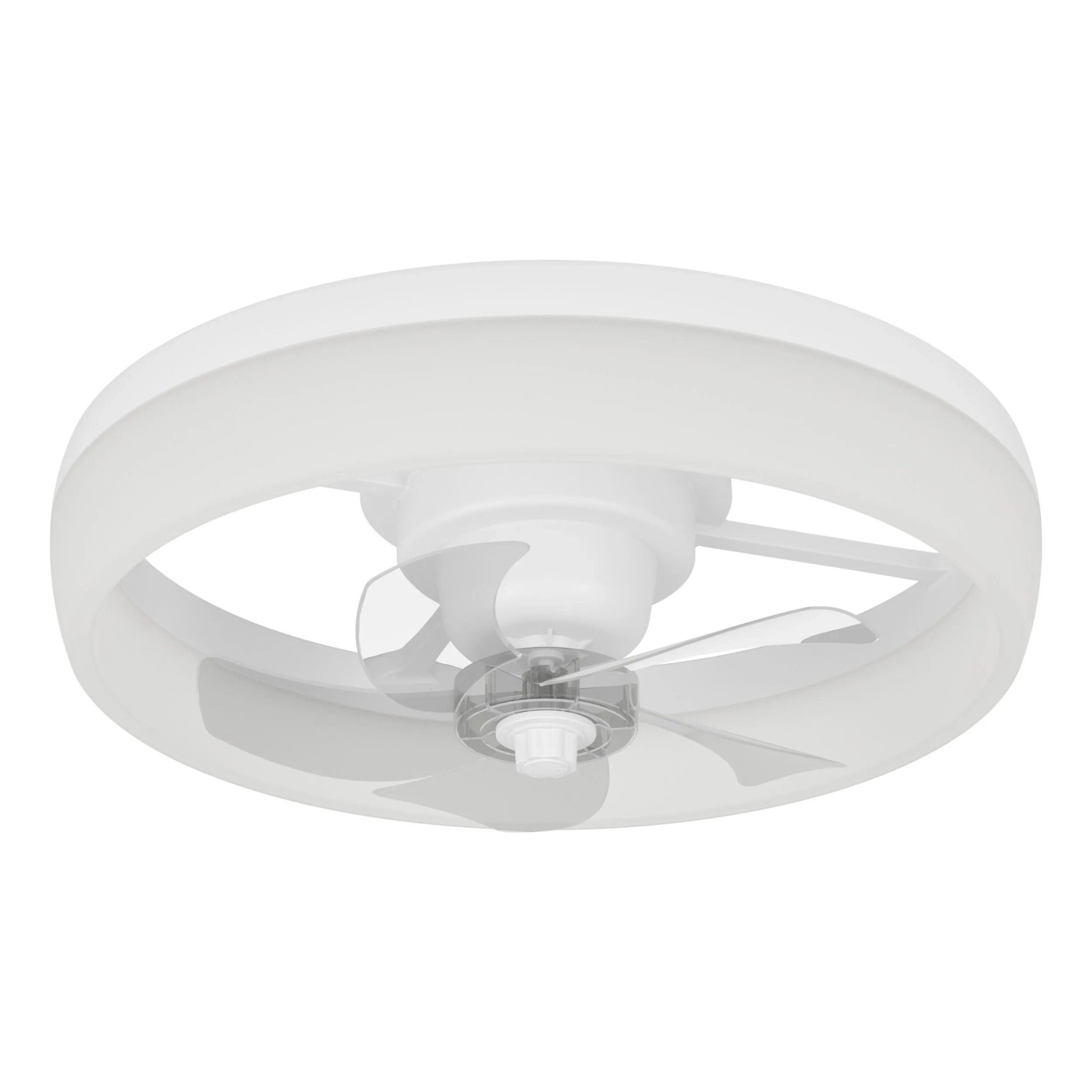Runder weißer Eglo LED-Deckenventilator Castaic, 50 cm, mit transparenten Flügeln und integrierter Beleuchtung.
