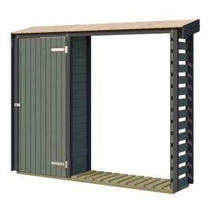 Weka Brennholzregal Killarney, 250 cm, grau-grün, mit abschließbarer Tür und Holzboden.