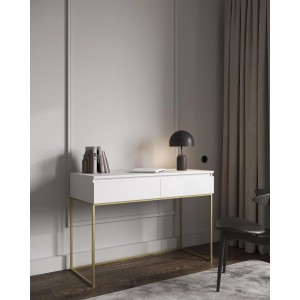 Selsey Bemmi Schminktisch weiß, 2 Schubladen, goldene Metallbeine. Modernes Design für Ihr Zuhause.
